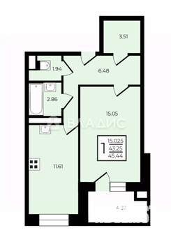 1-к квартира, на длительный срок, 43м2, 6/16 этаж