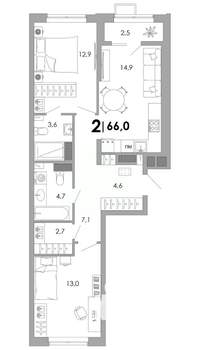 2-к квартира, строящийся дом, 66м2, 7/16 этаж