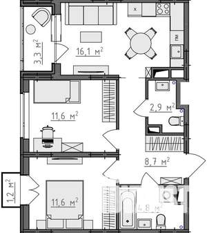 2-к квартира, вторичка, 58м2, 2/9 этаж