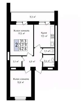 2-к квартира, вторичка, 63м2, 13/14 этаж