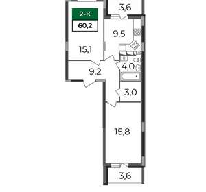 2-к квартира, строящийся дом, 60м2, 12/17 этаж