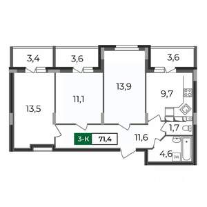 3-к квартира, строящийся дом, 71м2, 8/17 этаж