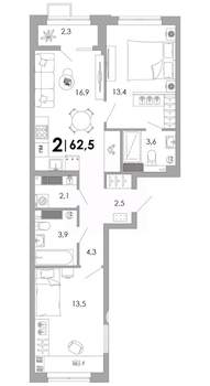 2-к квартира, вторичка, 63м2, 7/16 этаж