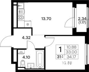 1-к квартира, вторичка, 34м2, 11/17 этаж