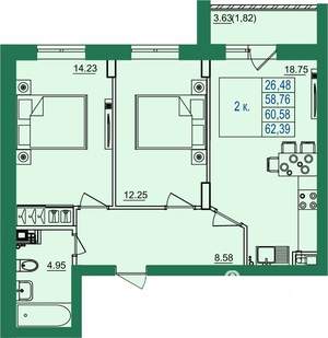 2-к квартира, вторичка, 61м2, 4/8 этаж