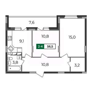 2-к квартира, строящийся дом, 57м2, 17/17 этаж