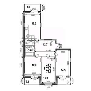 3-к квартира, строящийся дом, 80м2, 8/17 этаж