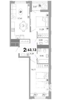 2-к квартира, вторичка, 63м2, 8/17 этаж
