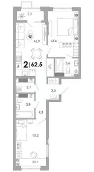 2-к квартира, вторичка, 63м2, 6/16 этаж