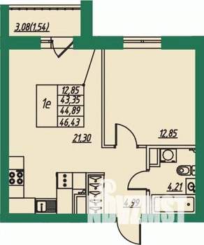 1-к квартира, строящийся дом, 45м2, 3/8 этаж