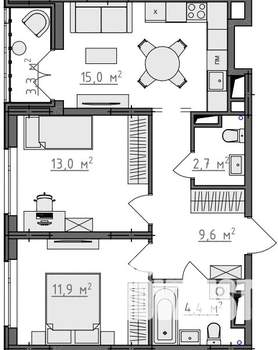 2-к квартира, вторичка, 58м2, 9/9 этаж