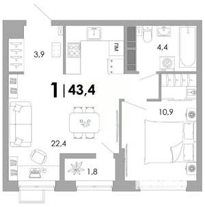 1-к квартира, вторичка, 43м2, 14/16 этаж
