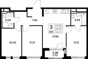 3-к квартира, вторичка, 66м2, 3/17 этаж