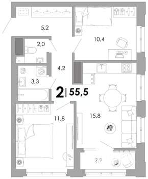 2-к квартира, вторичка, 56м2, 14/17 этаж