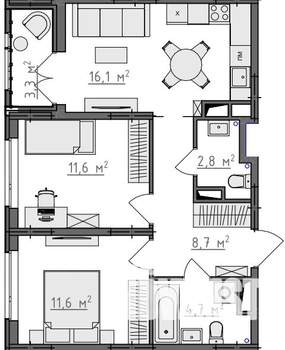 2-к квартира, вторичка, 57м2, 9/9 этаж