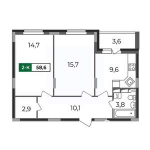 2-к квартира, строящийся дом, 59м2, 6/17 этаж