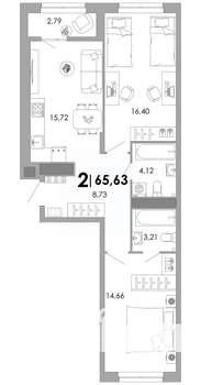 2-к квартира, вторичка, 66м2, 6/17 этаж