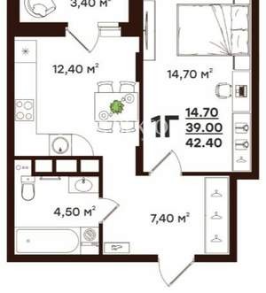 1-к квартира, вторичка, 42м2, 9/18 этаж