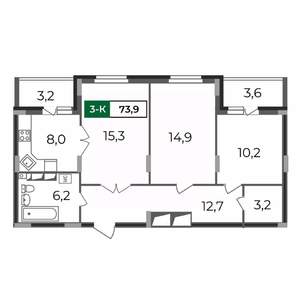 3-к квартира, строящийся дом, 74м2, 11/17 этаж