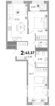 2-к квартира, вторичка, 63м2, 14/17 этаж