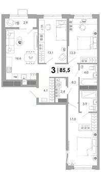 3-к квартира, строящийся дом, 86м2, 7/16 этаж