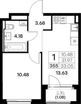 1-к квартира, вторичка, 33м2, 3/17 этаж