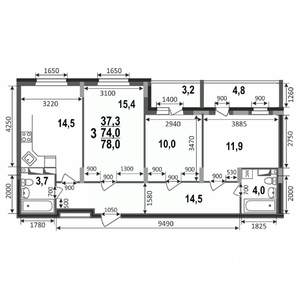 3-к квартира, строящийся дом, 78м2, 5/17 этаж