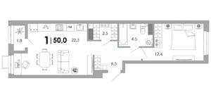 1-к квартира, строящийся дом, 50м2, 6/16 этаж