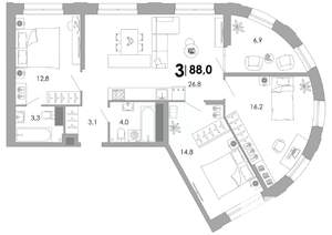3-к квартира, строящийся дом, 88м2, 4/17 этаж