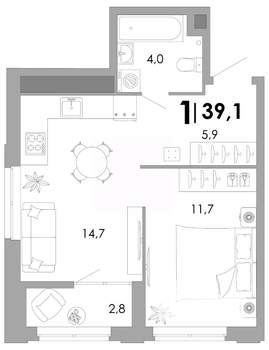 1-к квартира, строящийся дом, 39м2, 4/17 этаж