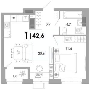 1-к квартира, вторичка, 43м2, 3/16 этаж