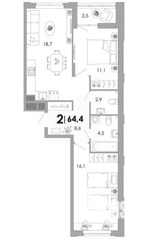 2-к квартира, вторичка, 64м2, 2/17 этаж