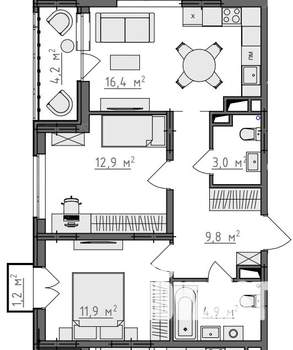 2-к квартира, вторичка, 61м2, 6/9 этаж