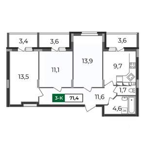 3-к квартира, строящийся дом, 71м2, 4/17 этаж