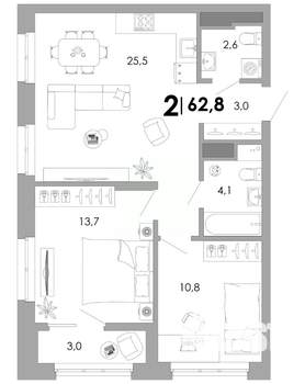2-к квартира, вторичка, 63м2, 16/17 этаж