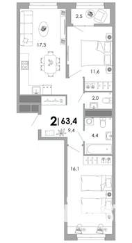 2-к квартира, вторичка, 63м2, 8/17 этаж
