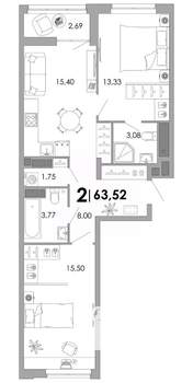 2-к квартира, вторичка, 64м2, 4/17 этаж