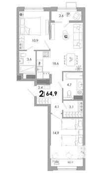 2-к квартира, вторичка, 65м2, 6/16 этаж