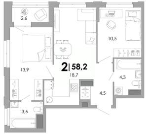 2-к квартира, строящийся дом, 58м2, 14/17 этаж