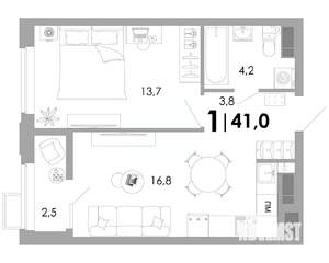 1-к квартира, вторичка, 41м2, 7/16 этаж
