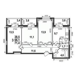 3-к квартира, вторичка, 71м2, 8/17 этаж