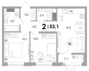 2-к квартира, вторичка, 53м2, 12/16 этаж