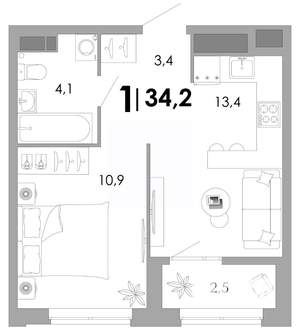 1-к квартира, вторичка, 34м2, 4/17 этаж