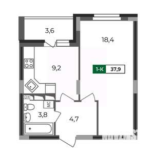 1-к квартира, строящийся дом, 38м2, 2/17 этаж