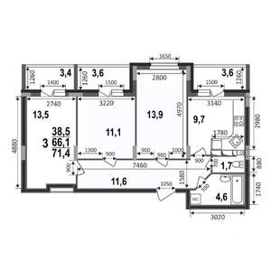 3-к квартира, строящийся дом, 71м2, 2/17 этаж