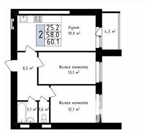 2-к квартира, вторичка, 60м2, 14/14 этаж