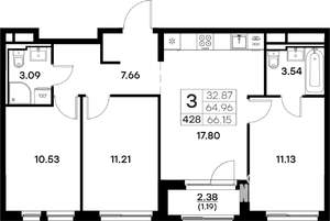 3-к квартира, вторичка, 66м2, 11/17 этаж