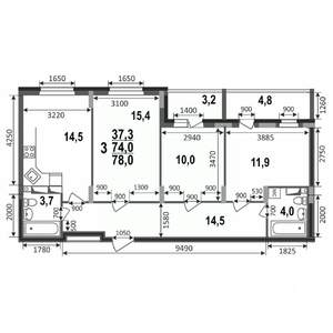 3-к квартира, строящийся дом, 78м2, 6/17 этаж