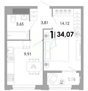 1-к квартира, вторичка, 34м2, 15/17 этаж