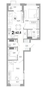 2-к квартира, вторичка, 63м2, 13/16 этаж